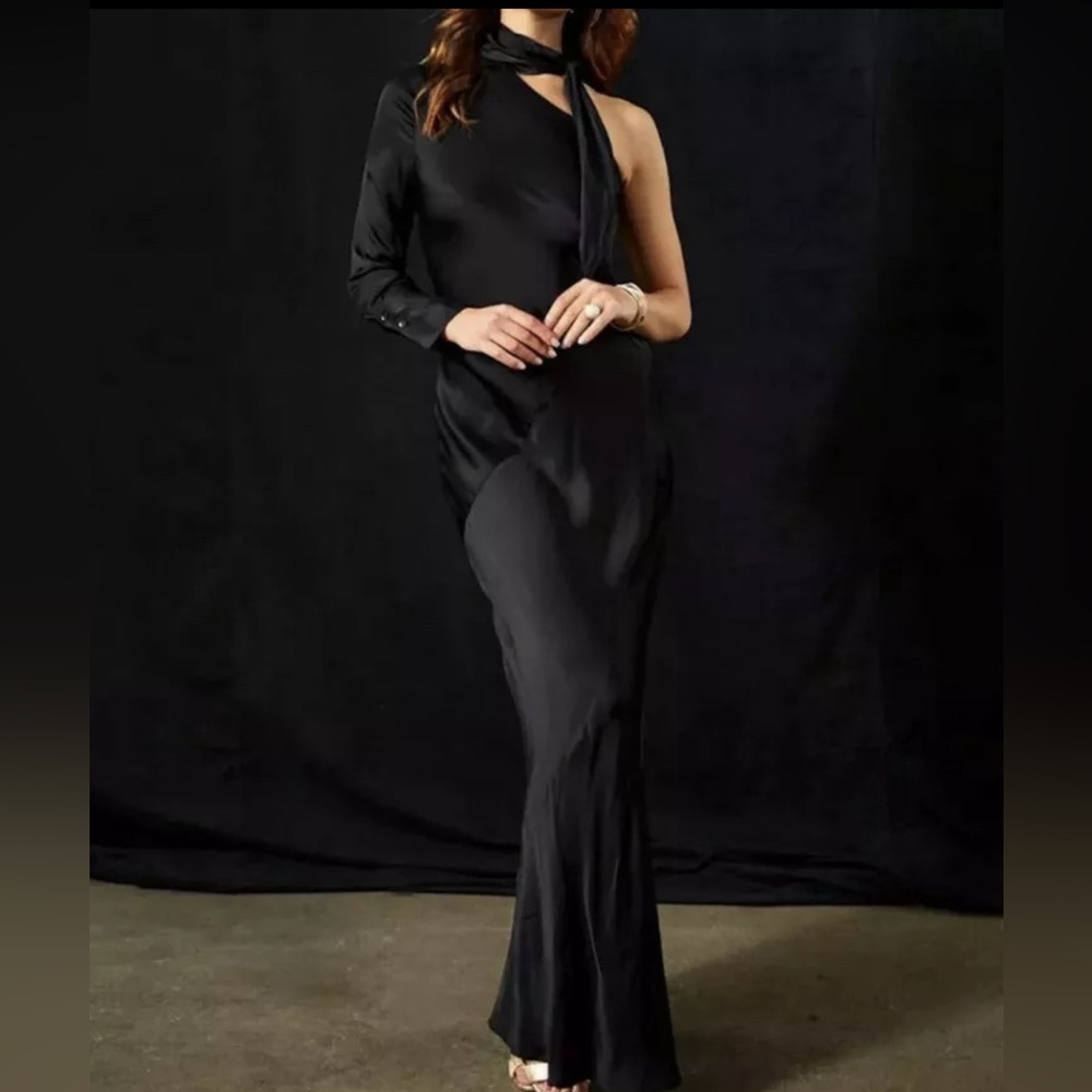 Young Fabulous & Broke black Satin silk one shoulder Febe Bias Maxi Dress